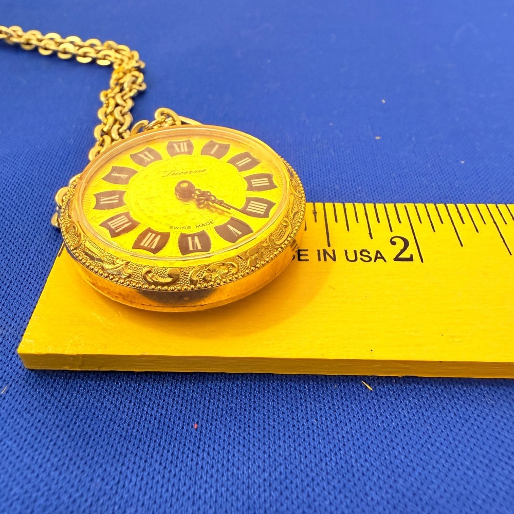 Vintage‎ Lucerne Pendant Watch Gold Tone Swiss Made Roman Numeral Necklace Chain - Picture 7 of 11